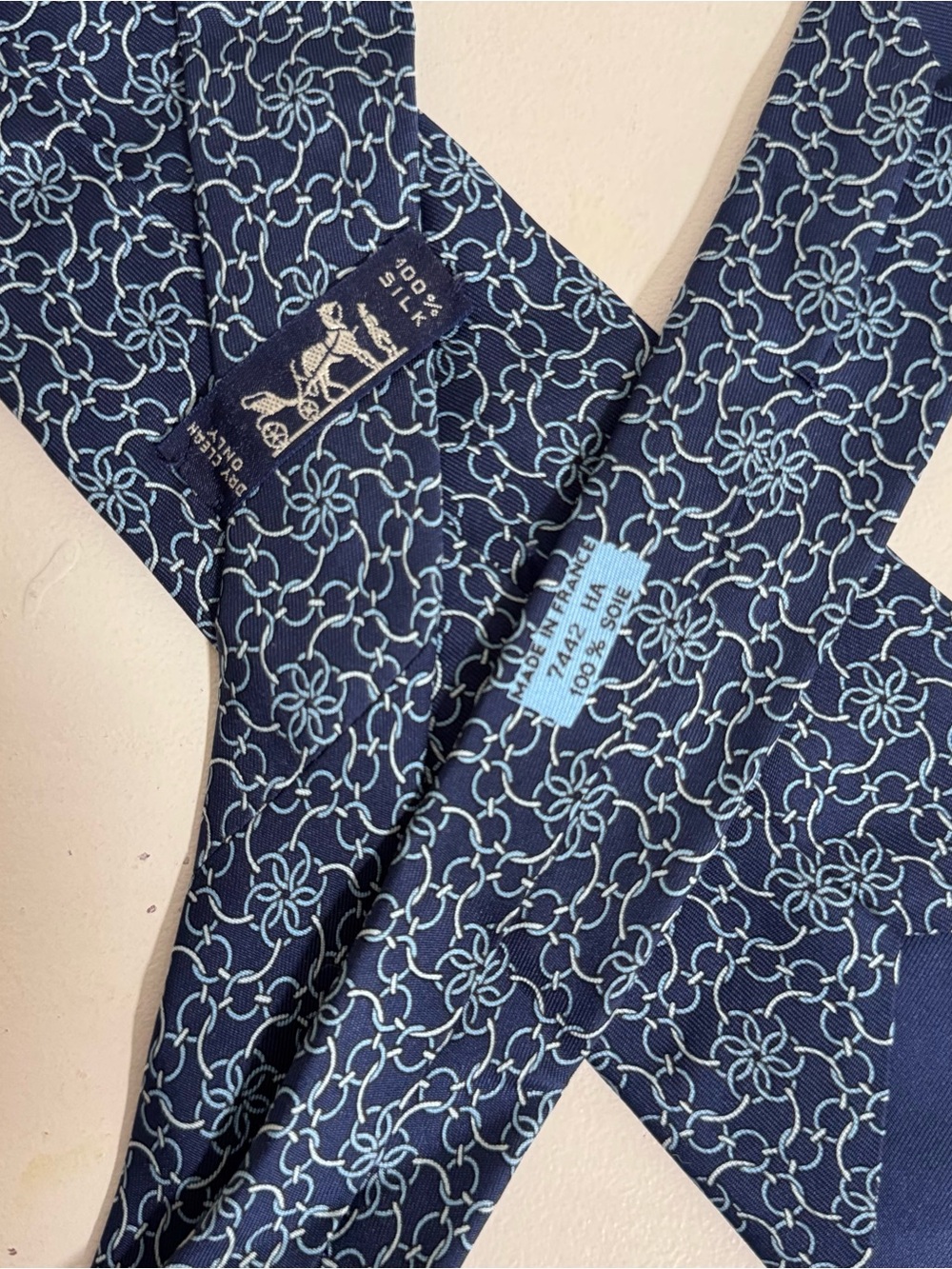 HERMES Men Tie | 7442 HA | 59.5"x3.5" Geometry Blue | 100% Silk | Made in France